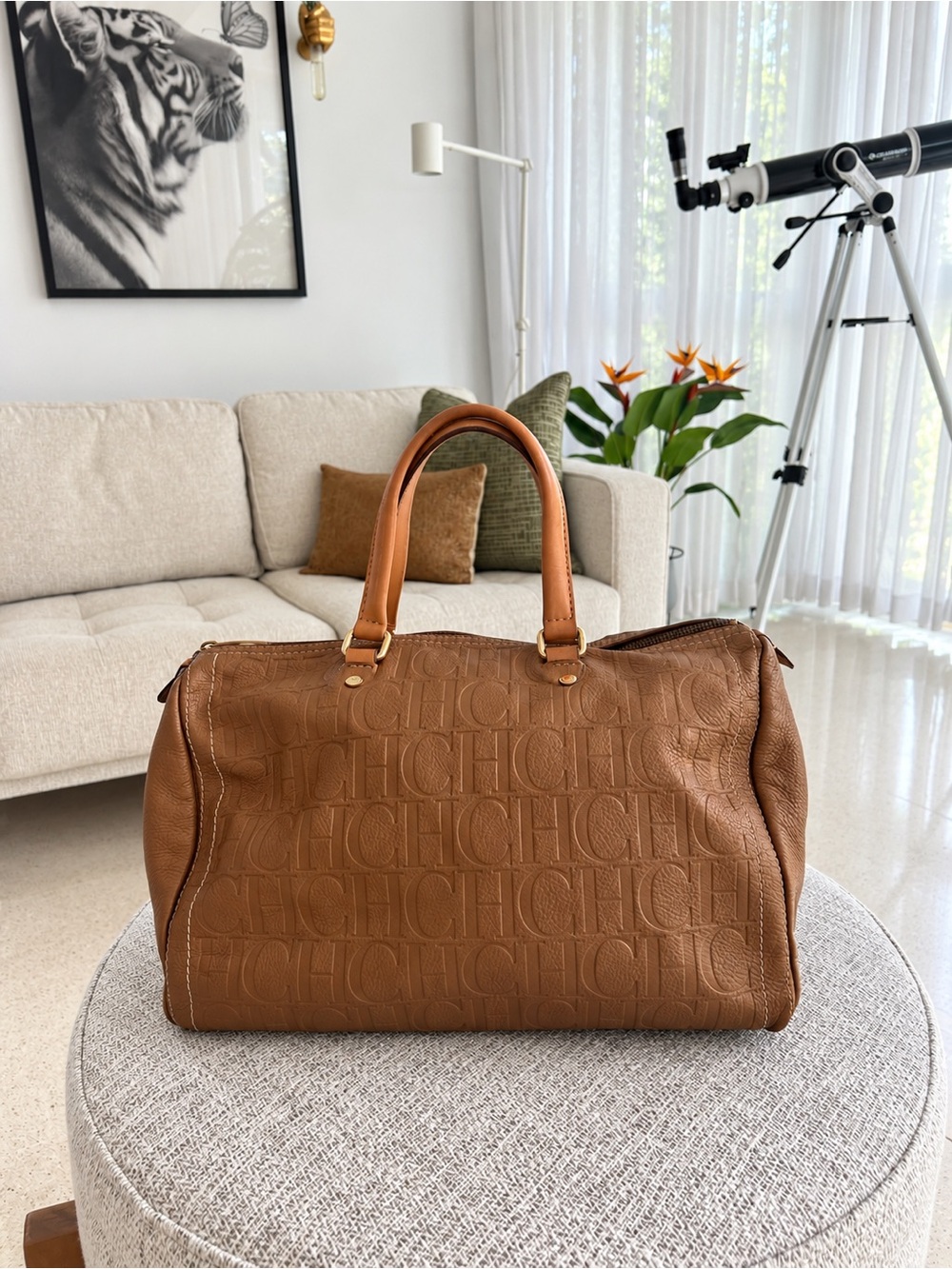 Carolina Herrera Caramel Brown Embossed Leather Satchel (Large)